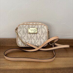 Michael Kors Jet Set Cream & Tan Signature Coated Canvas Mini Crossbody